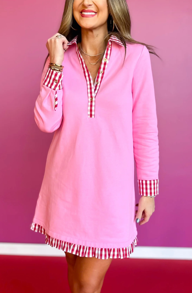 Gingham Ruffle Contrast Long Sleeve Dress In Pink