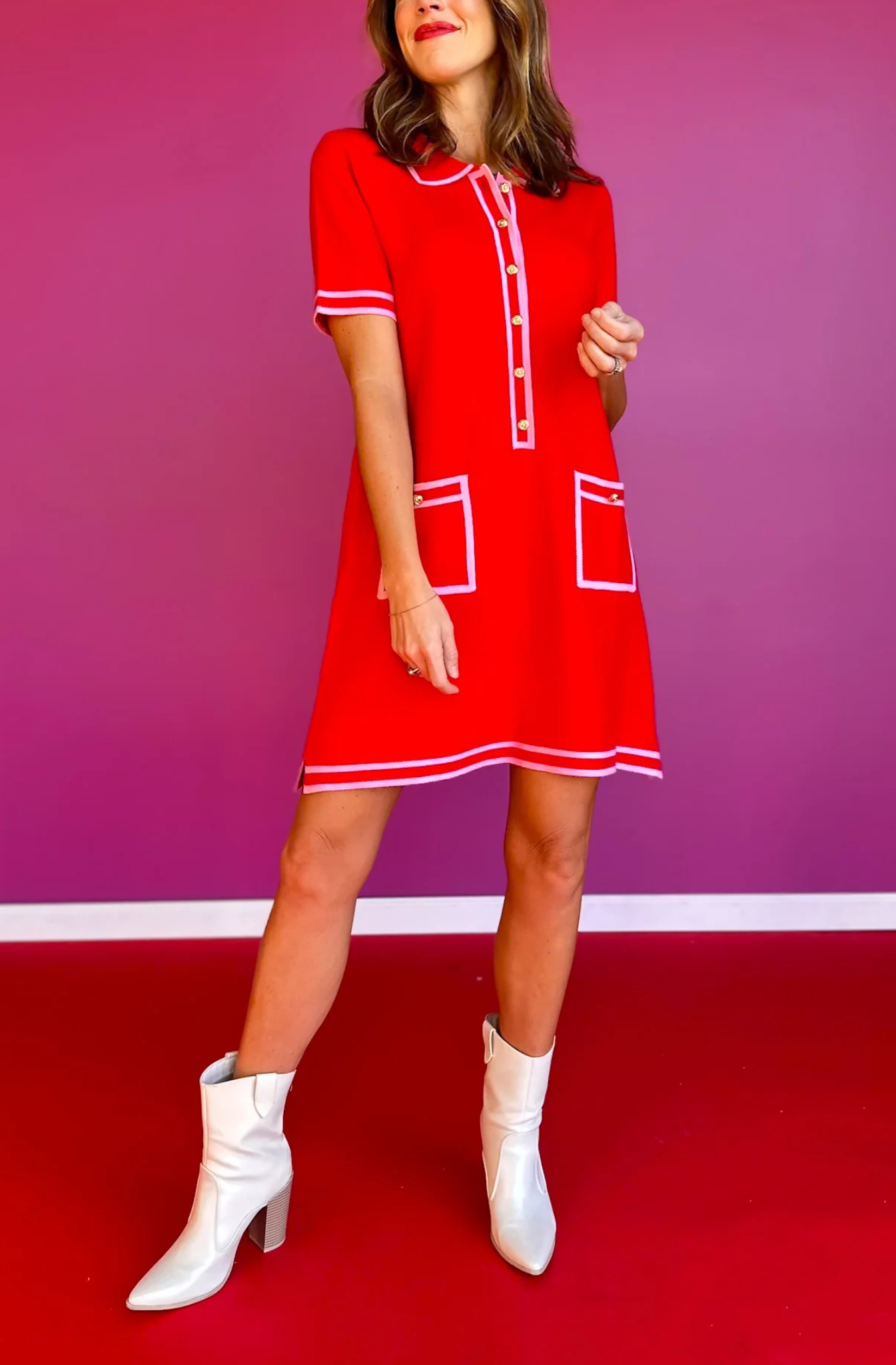 Contrast Knit Dress In Red Pink