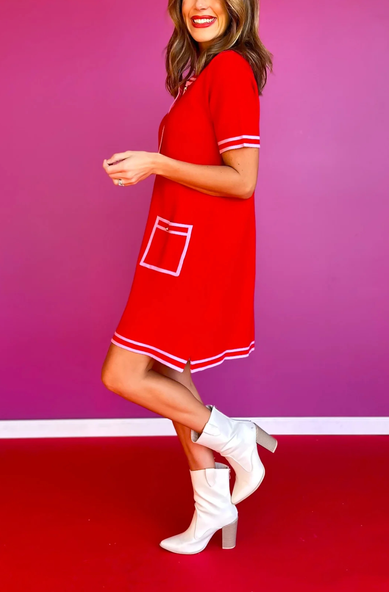 Contrast Knit Dress In Red Pink