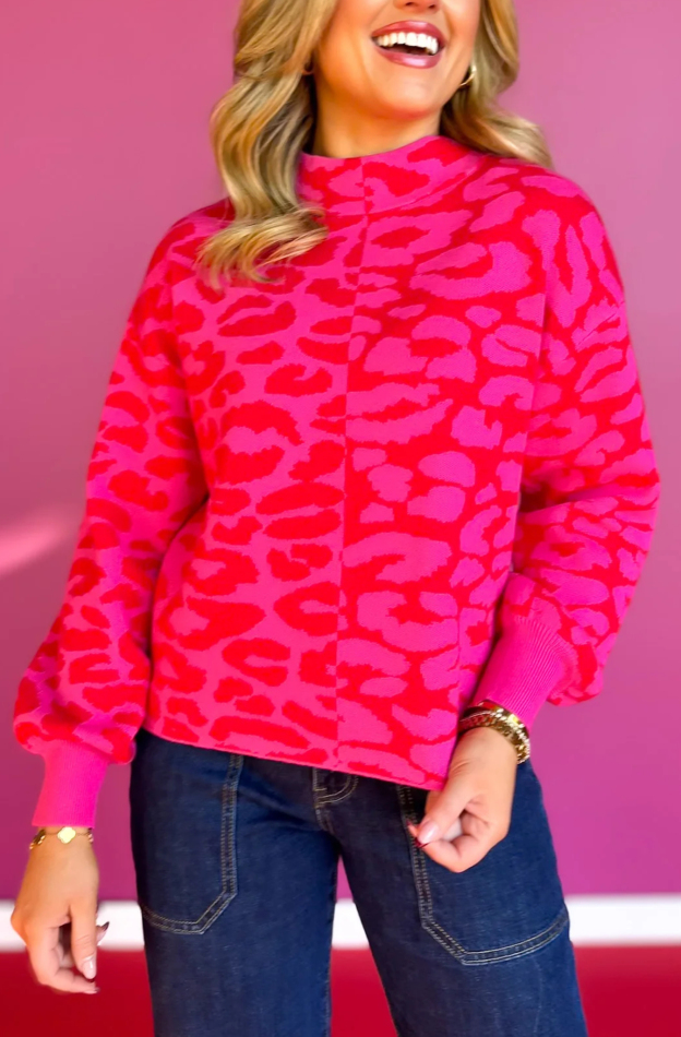 Mock Neck Sweater In Pink Red Animal