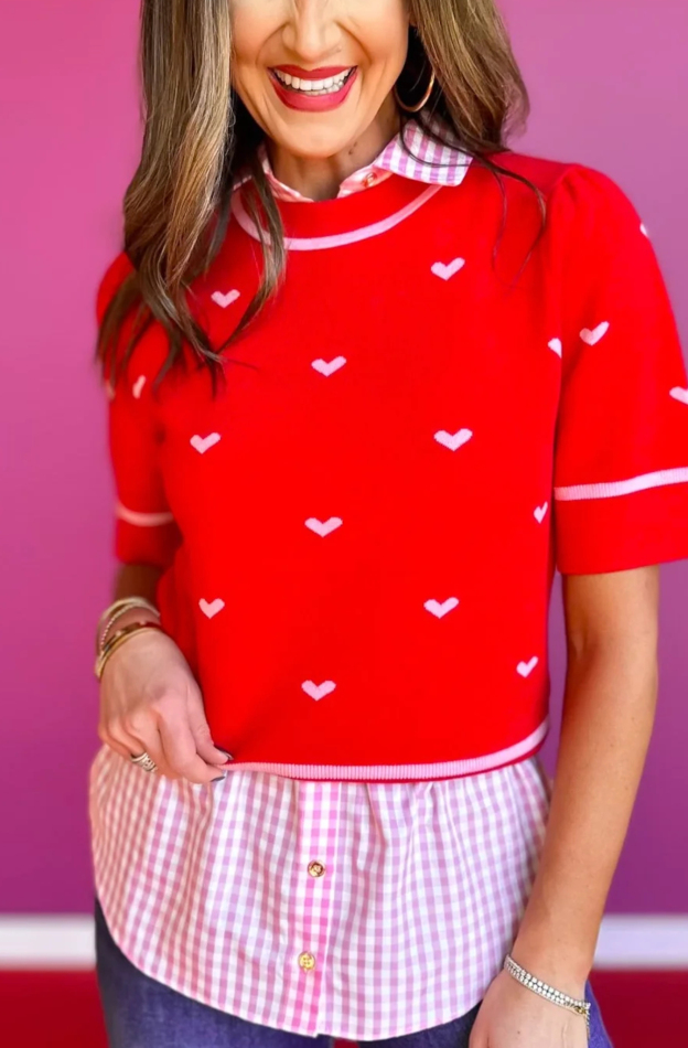 Short Sleeve Sweater In Red Hearts