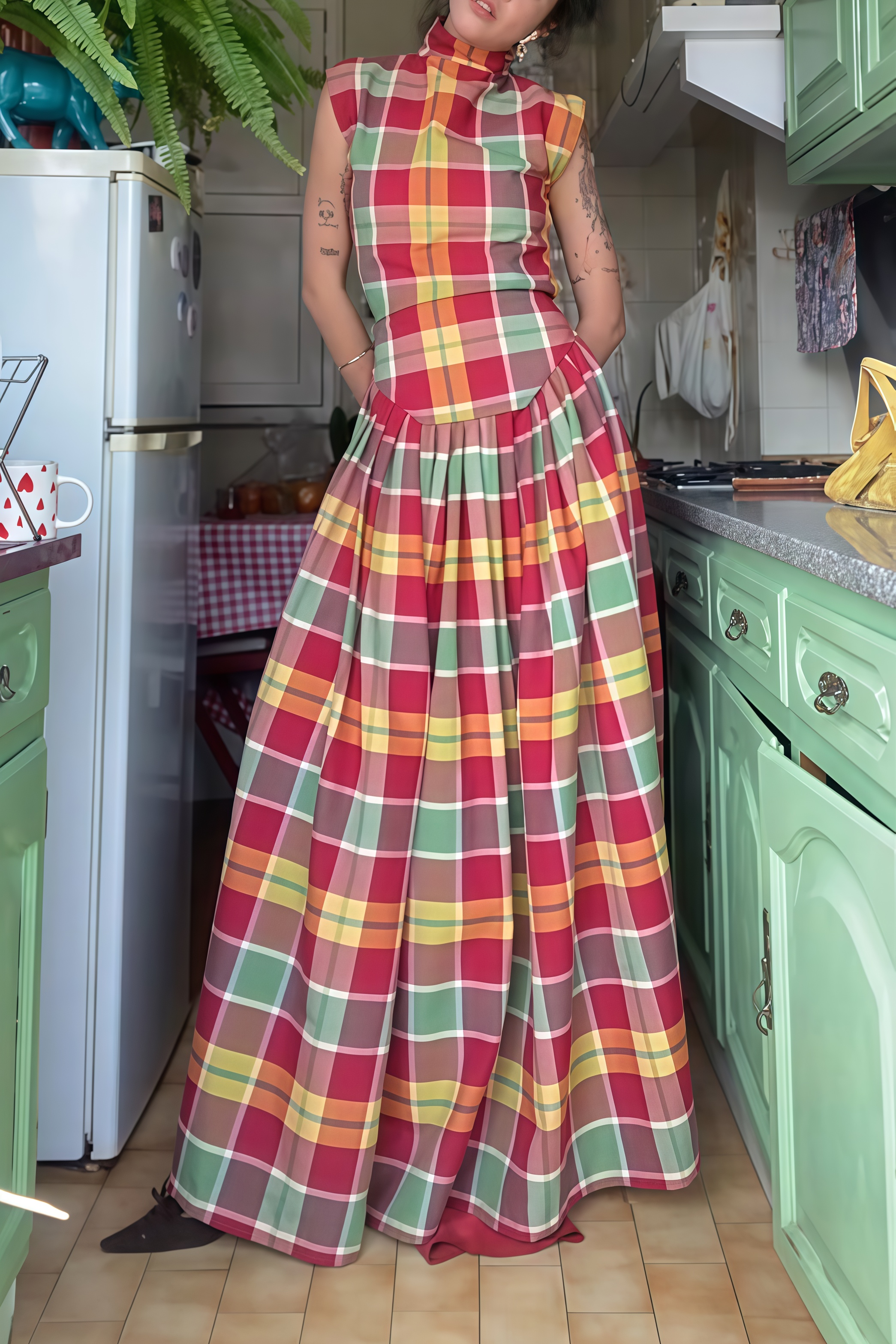 Vintage Plaid High-Neck Maxi Dress