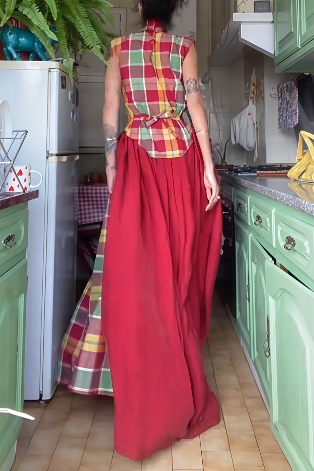 Vintage Plaid High-Neck Maxi Dress