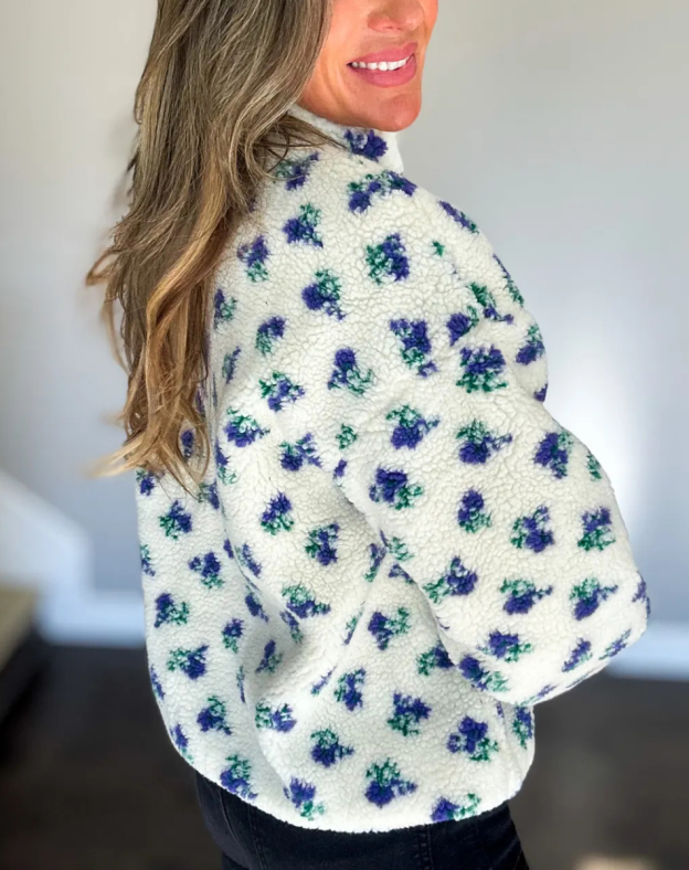 Cozy Bloom Fleece Pullover in Ivory/Purple