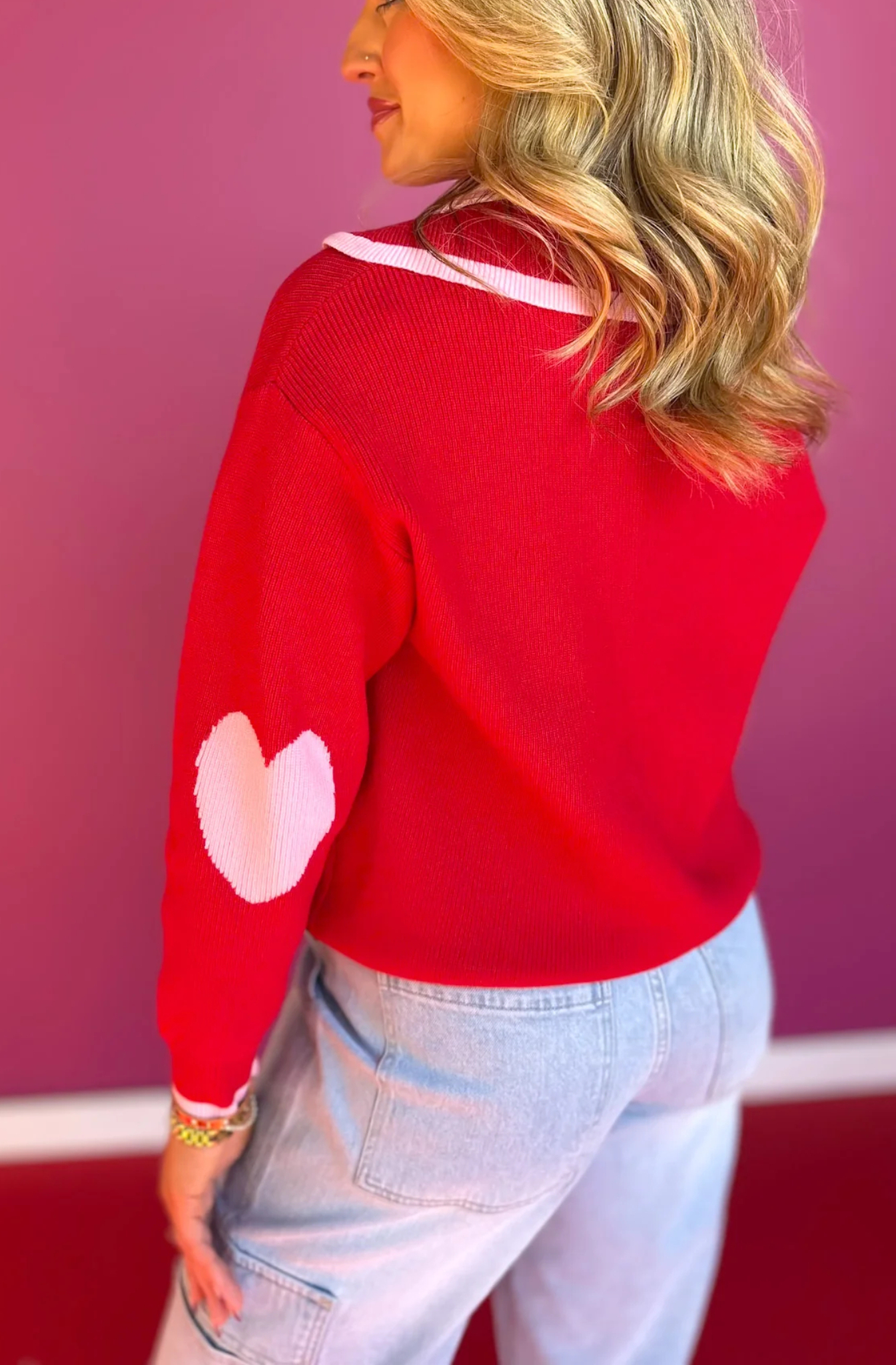 Red Varsity Knit Zip Up Sweater with PinkHearts