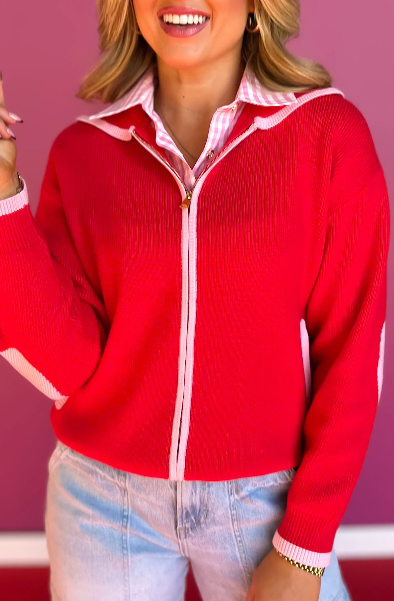 Red Varsity Knit Zip Up Sweater with PinkHearts