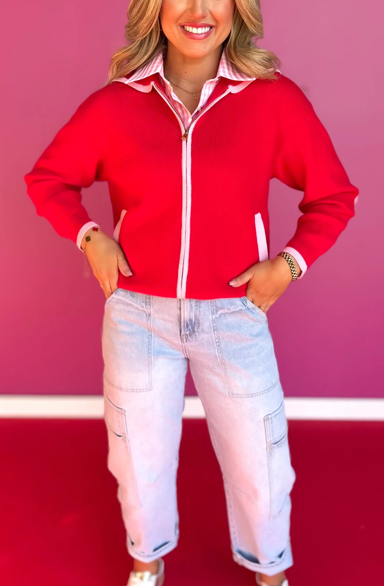 Red Varsity Knit Zip Up Sweater with PinkHearts