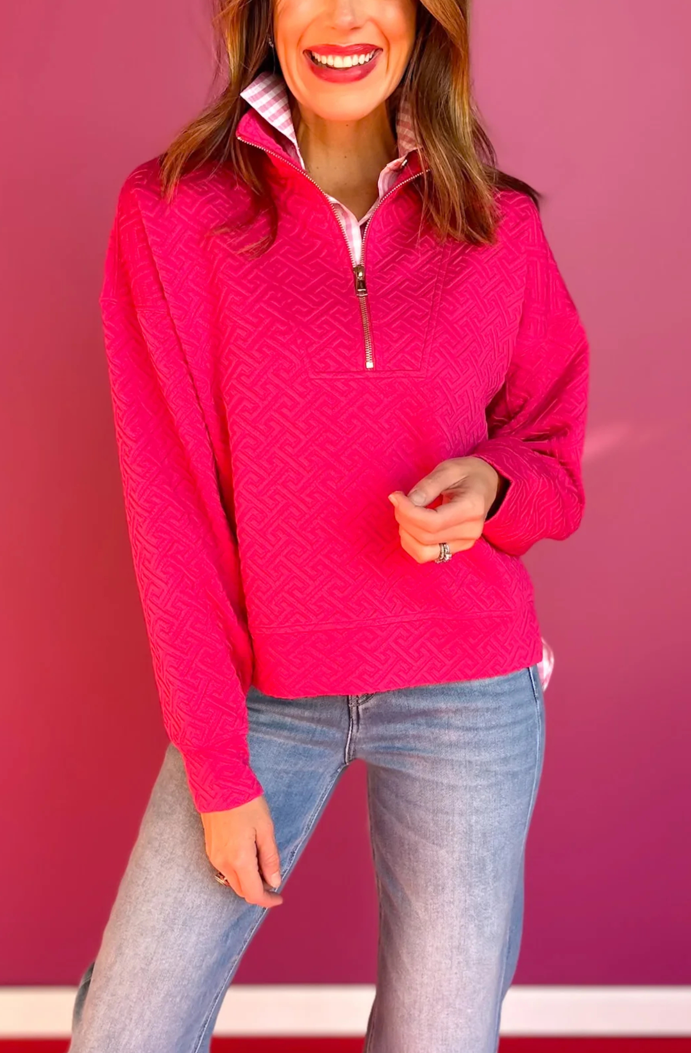 Anna Pullover In Hot Pink Greek Key