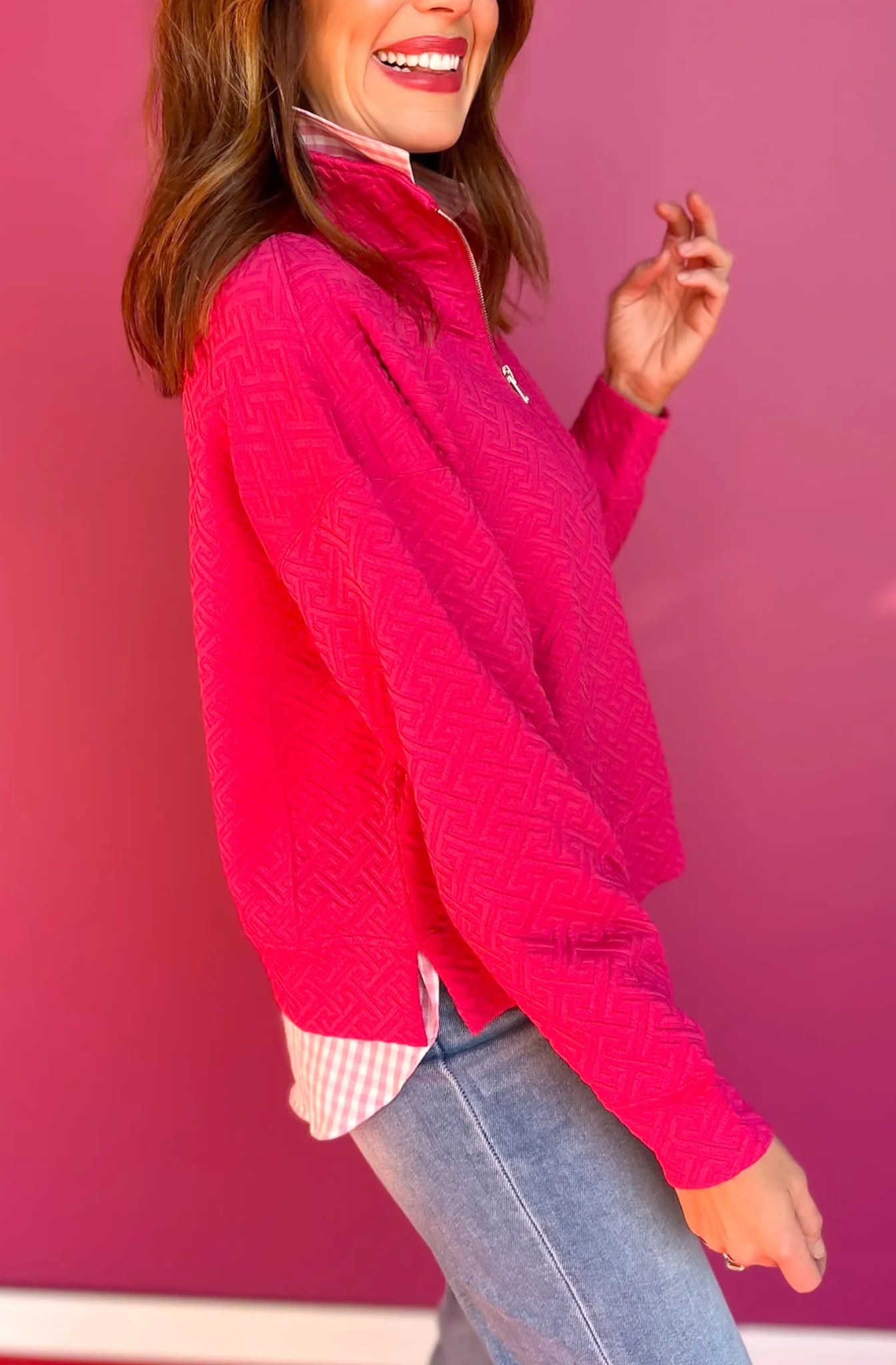 Anna Pullover In Hot Pink Greek Key