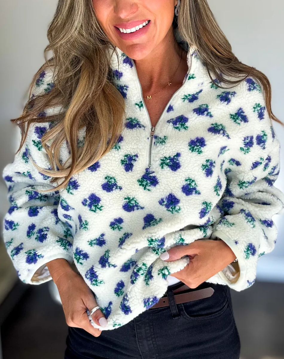Cozy Bloom Fleece Pullover in Ivory/Purple
