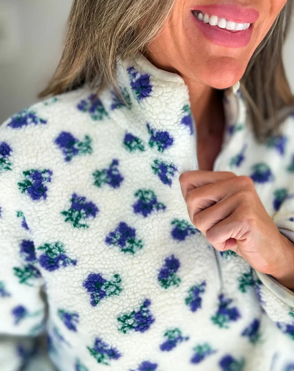 Cozy Bloom Fleece Pullover in Ivory/Purple