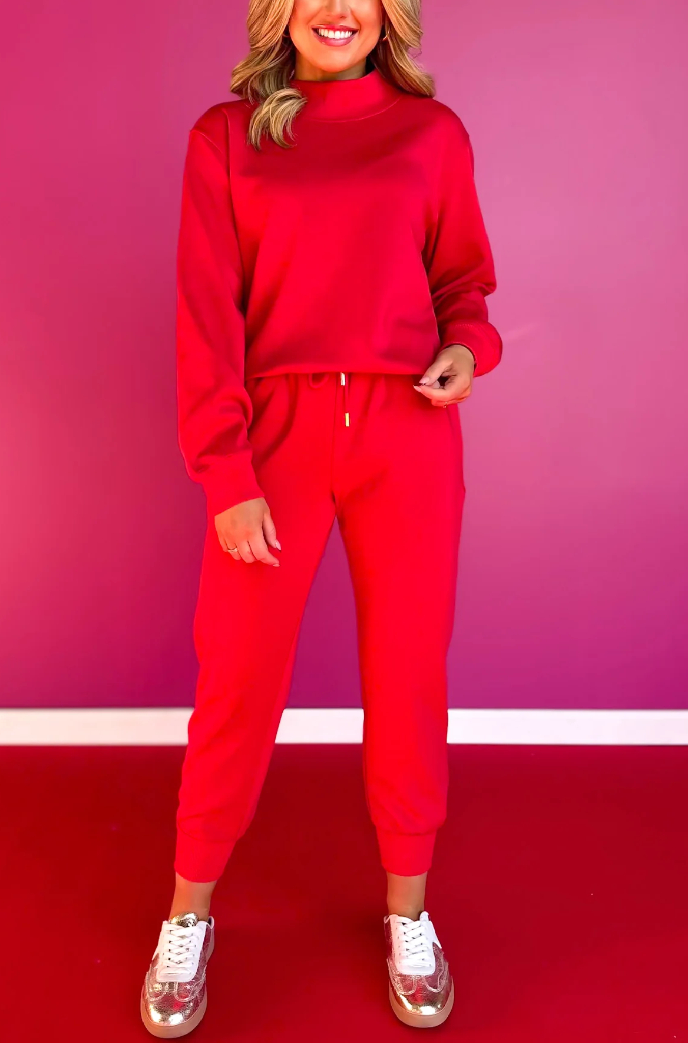 Red turtleneck sweatshirt set