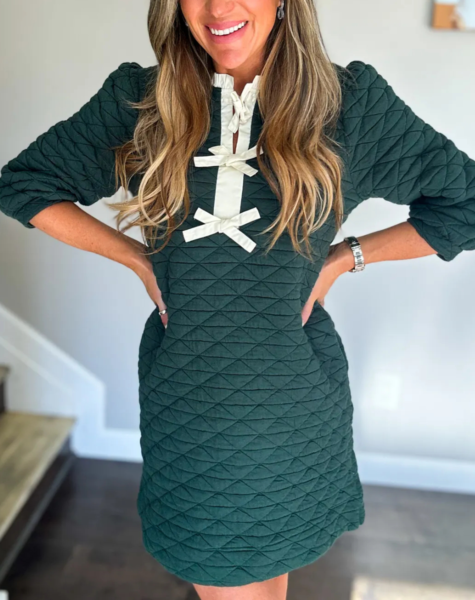 Front Bow Tie Accent Textured Shift Dress