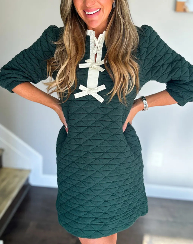 Front Bow Tie Accent Textured Shift Dress