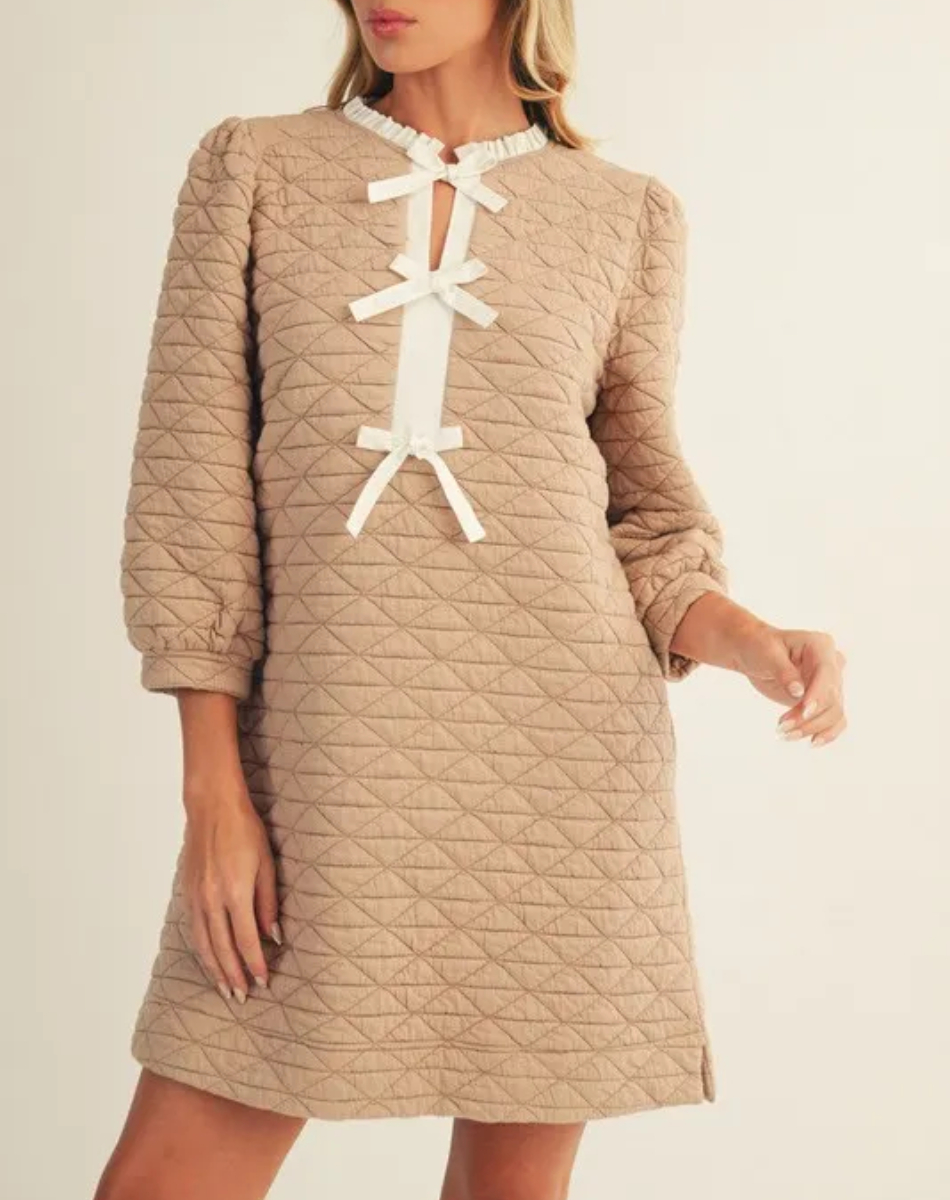 Front Bow Tie Accent Textured Shift Dress