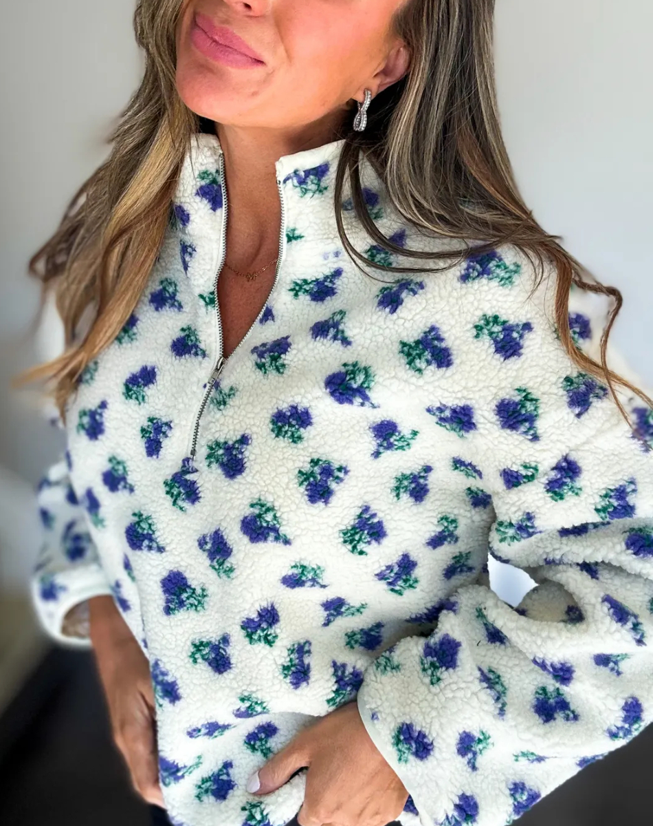 Cozy Bloom Fleece Pullover in Ivory/Purple