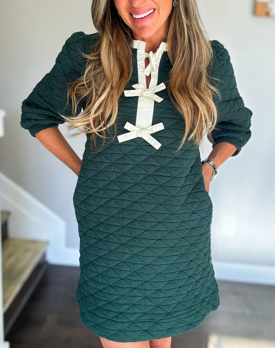 Front Bow Tie Accent Textured Shift Dress