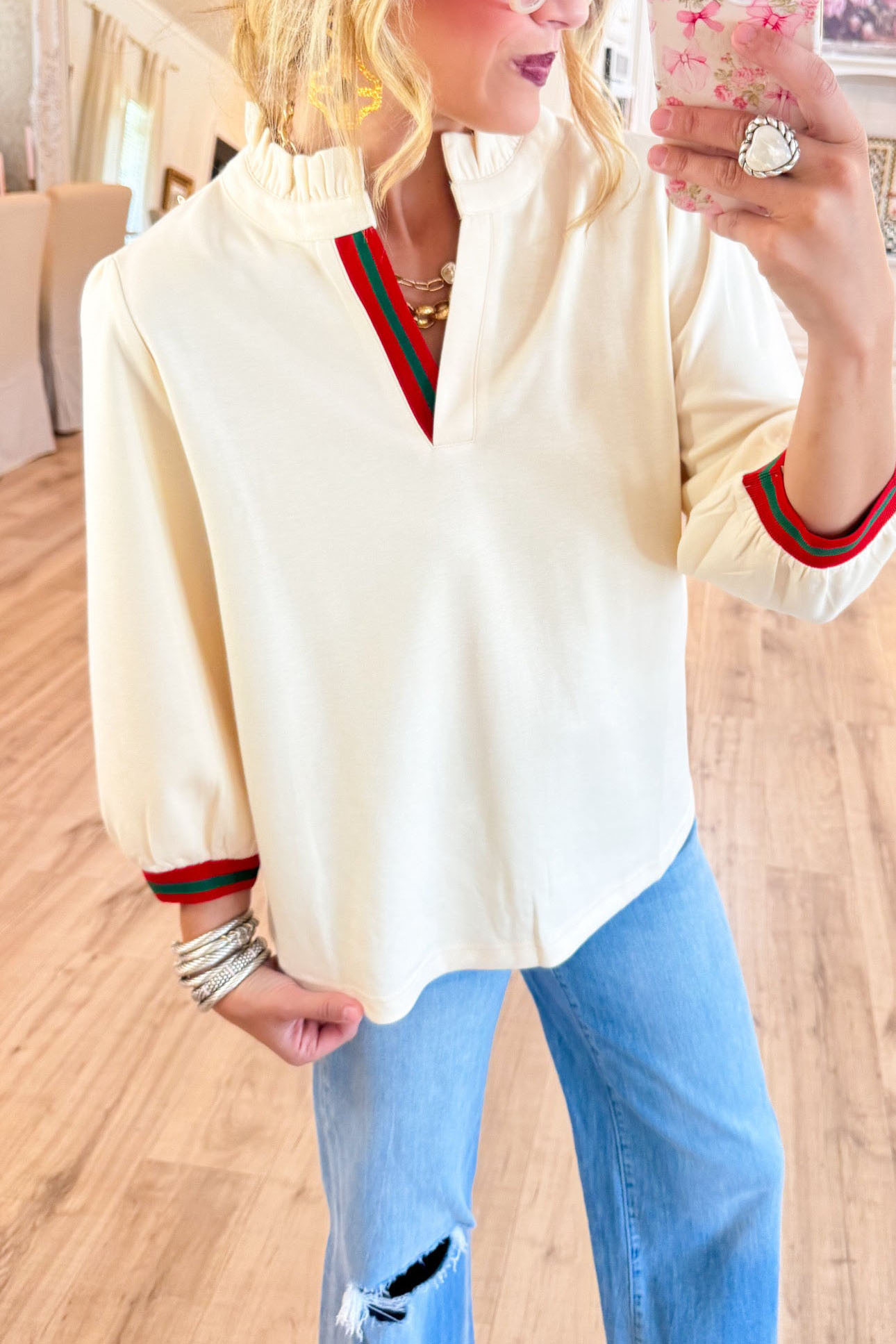 Ivory Stripe Contrast Ruffle Neck Top