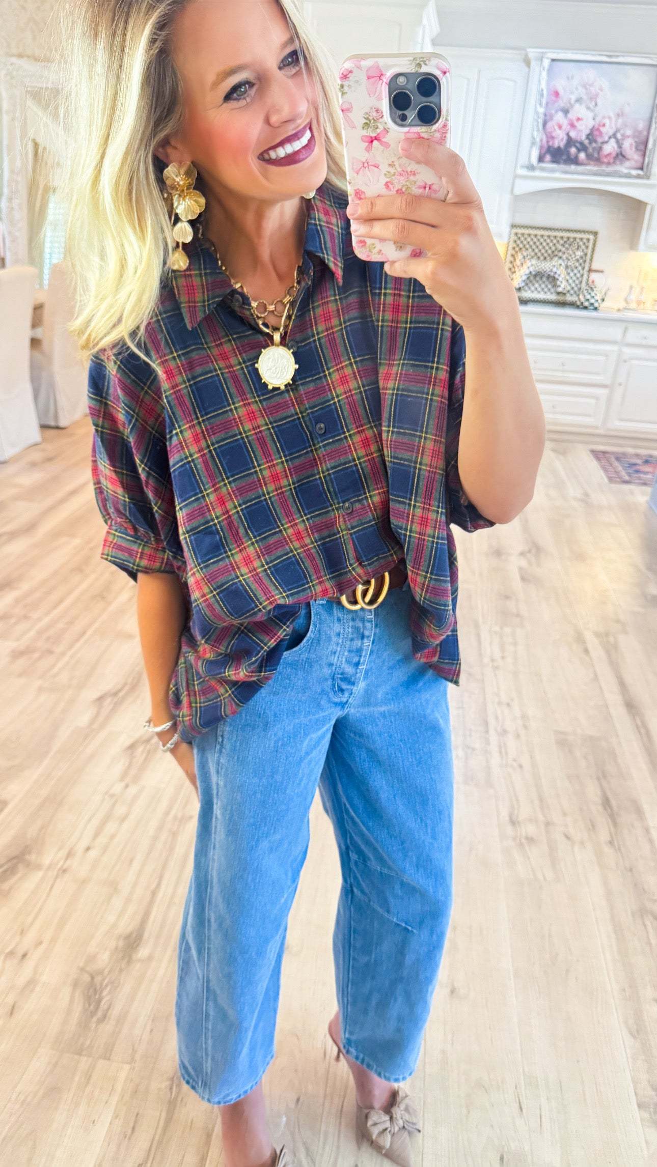 Navy Multi Oversized Button-Down Plaid Shirt