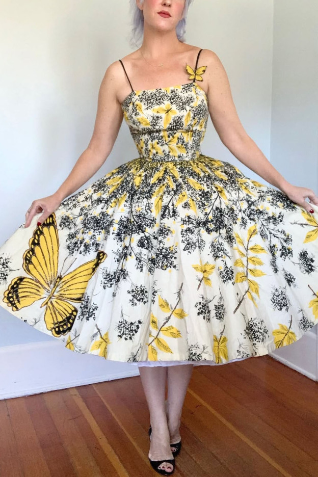 Vintage 1950s Butterfly Falling Leaves Dress