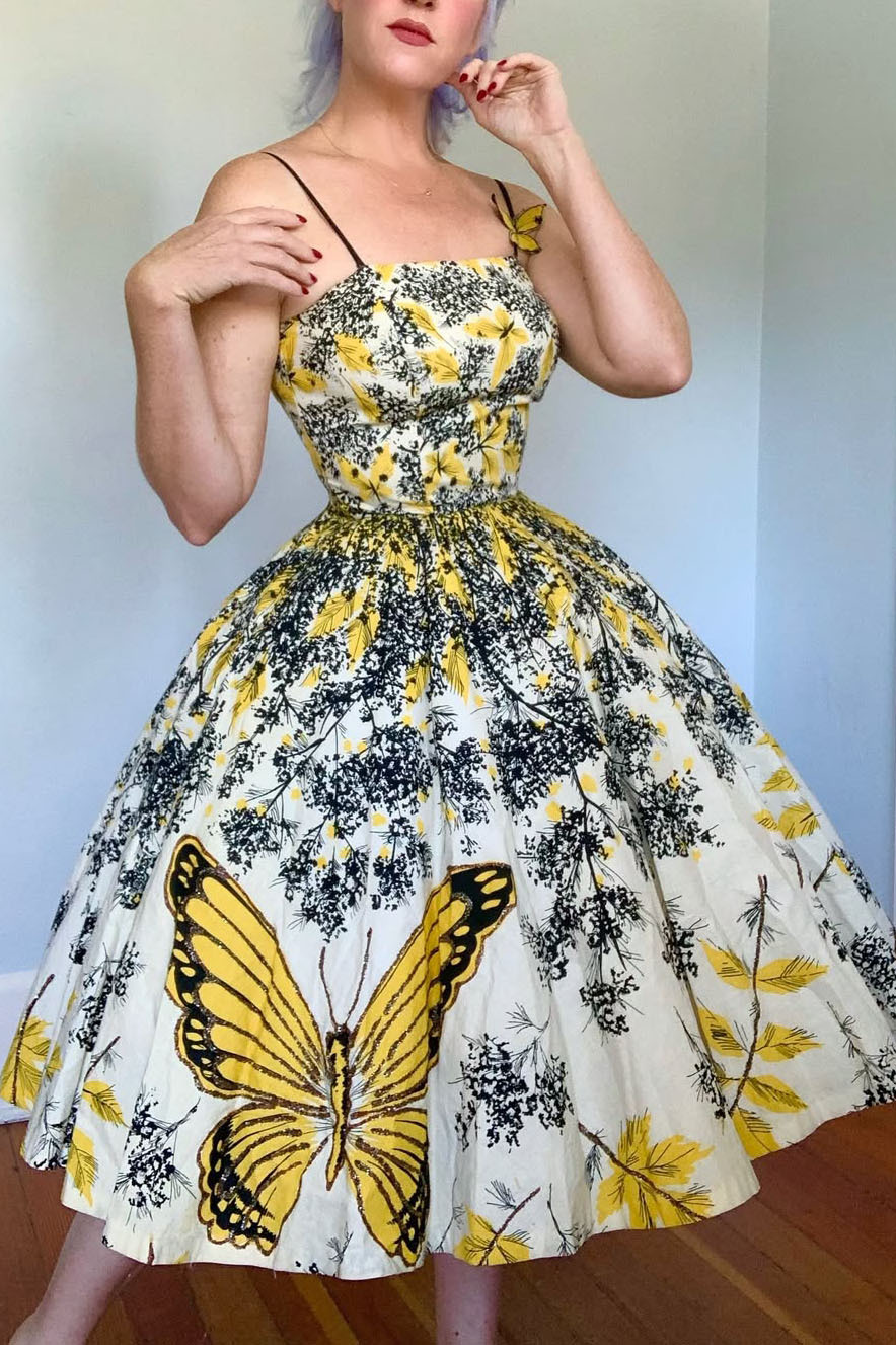 Vintage 1950s Butterfly Falling Leaves Dress