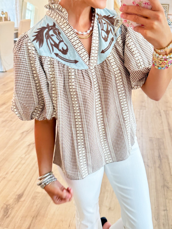 Gingham Horse Embroidered Top