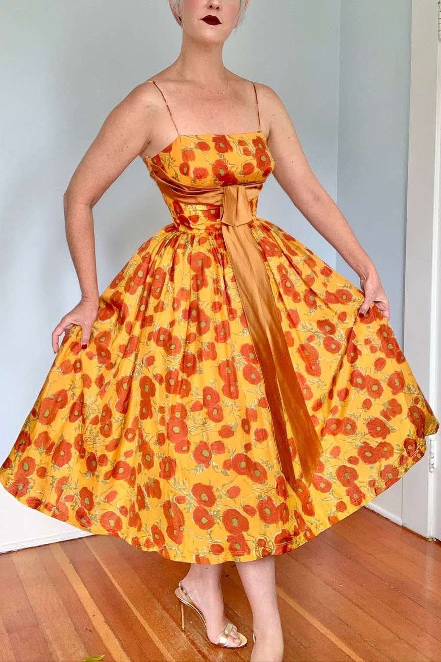 Vintage 1950s Floral Satin Bow Dress