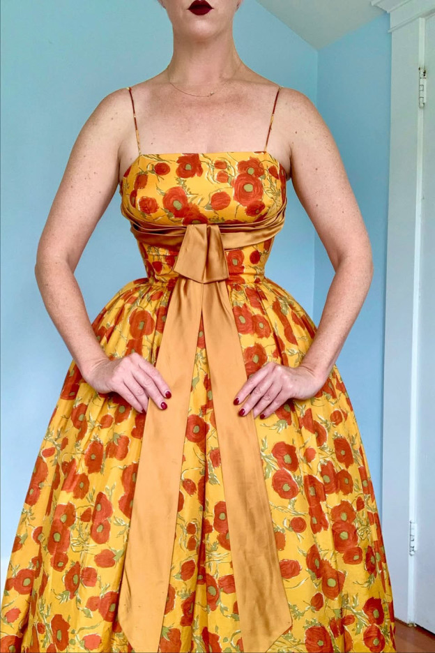 Vintage 1950s Floral Satin Bow Dress