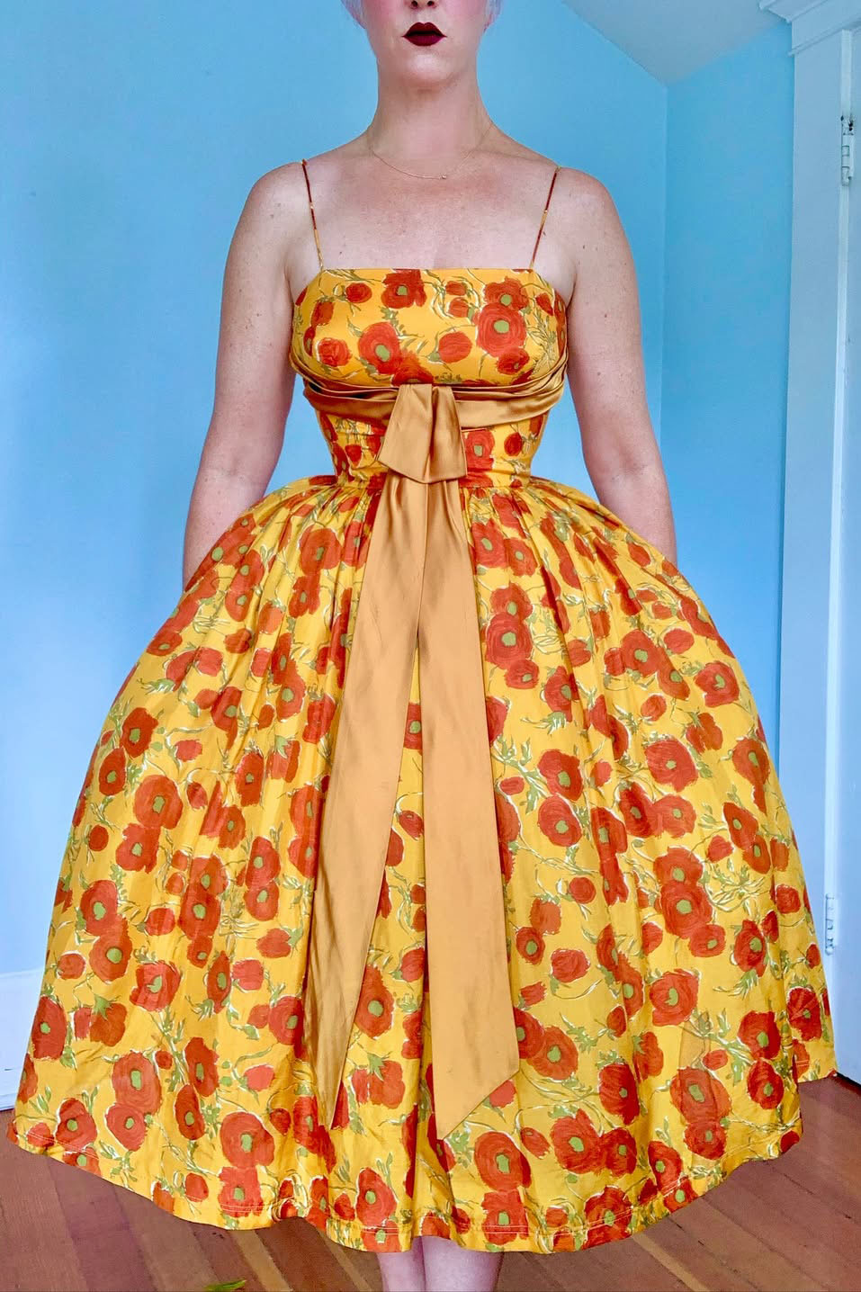 Vintage 1950s Floral Satin Bow Dress