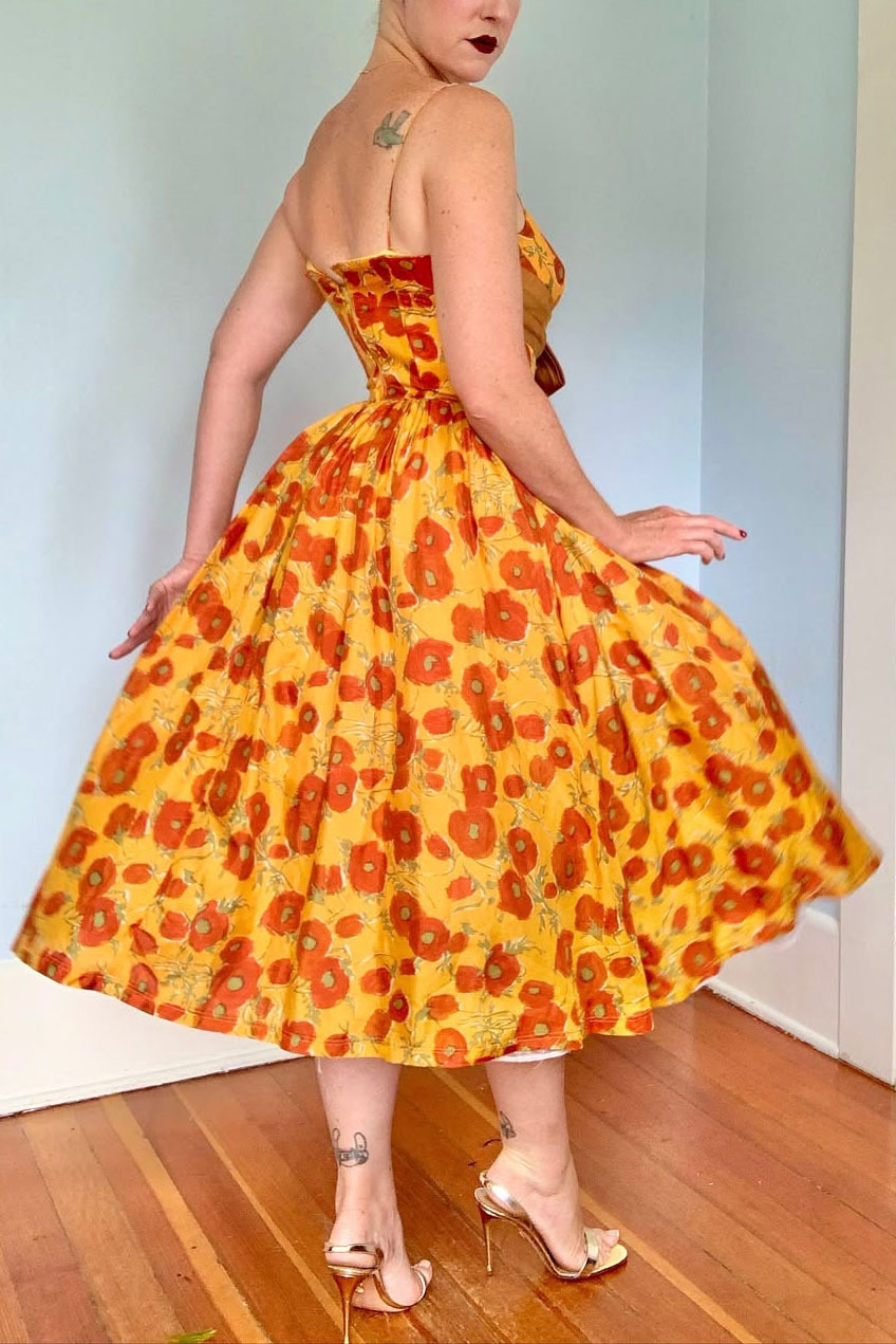 Vintage 1950s Floral Satin Bow Dress