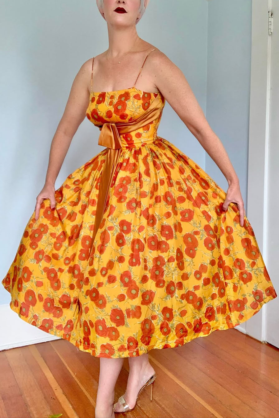 Vintage 1950s Floral Satin Bow Dress