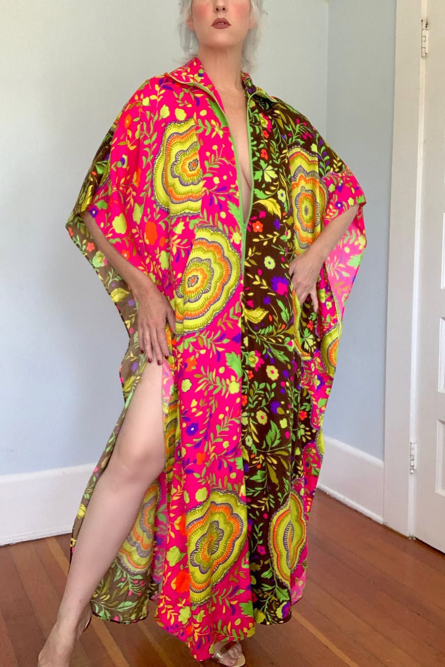 Vintage Floral Zipper Caftan Dress