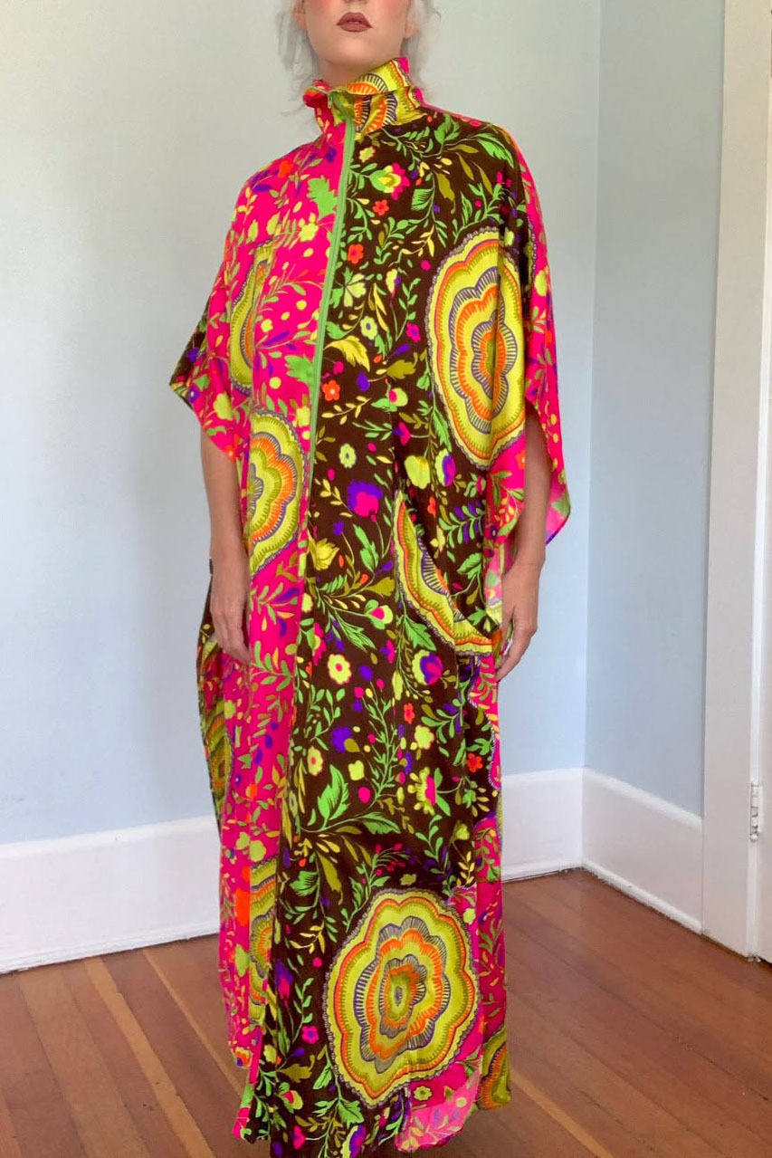 Vintage Floral Zipper Caftan Dress