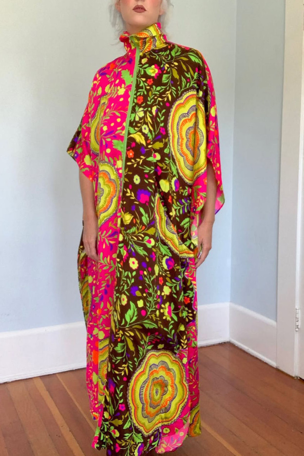 Vintage Floral Zipper Caftan Dress