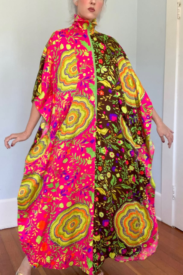 Vintage Floral Zipper Caftan Dress