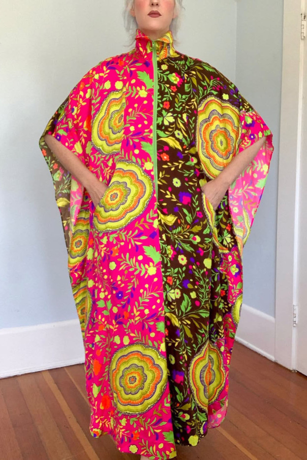Vintage Floral Zipper Caftan Dress