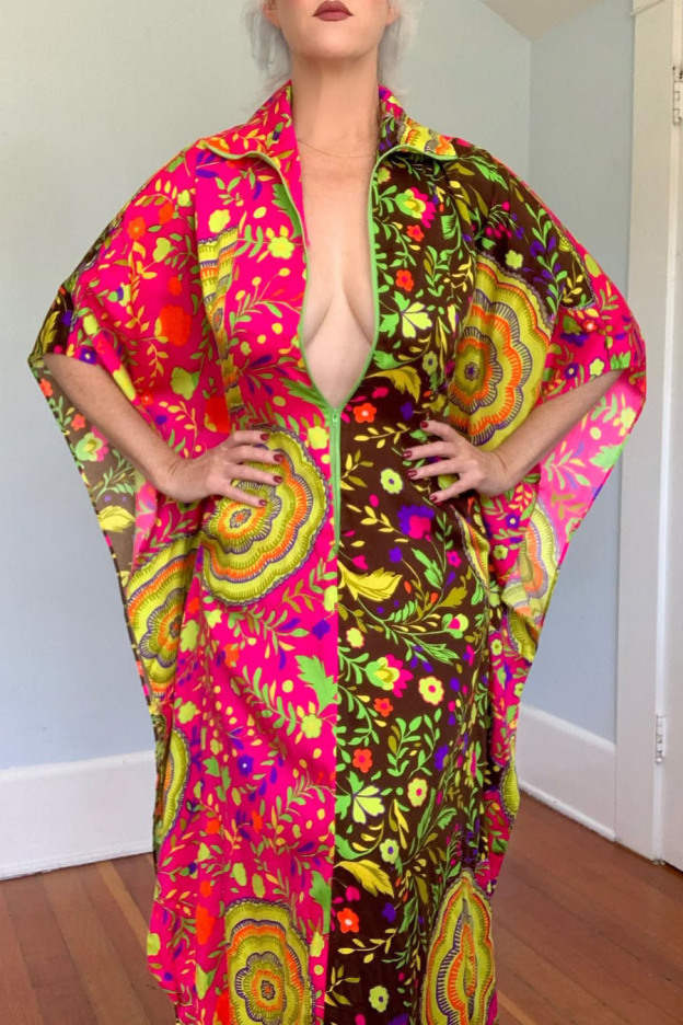 Vintage Floral Zipper Caftan Dress