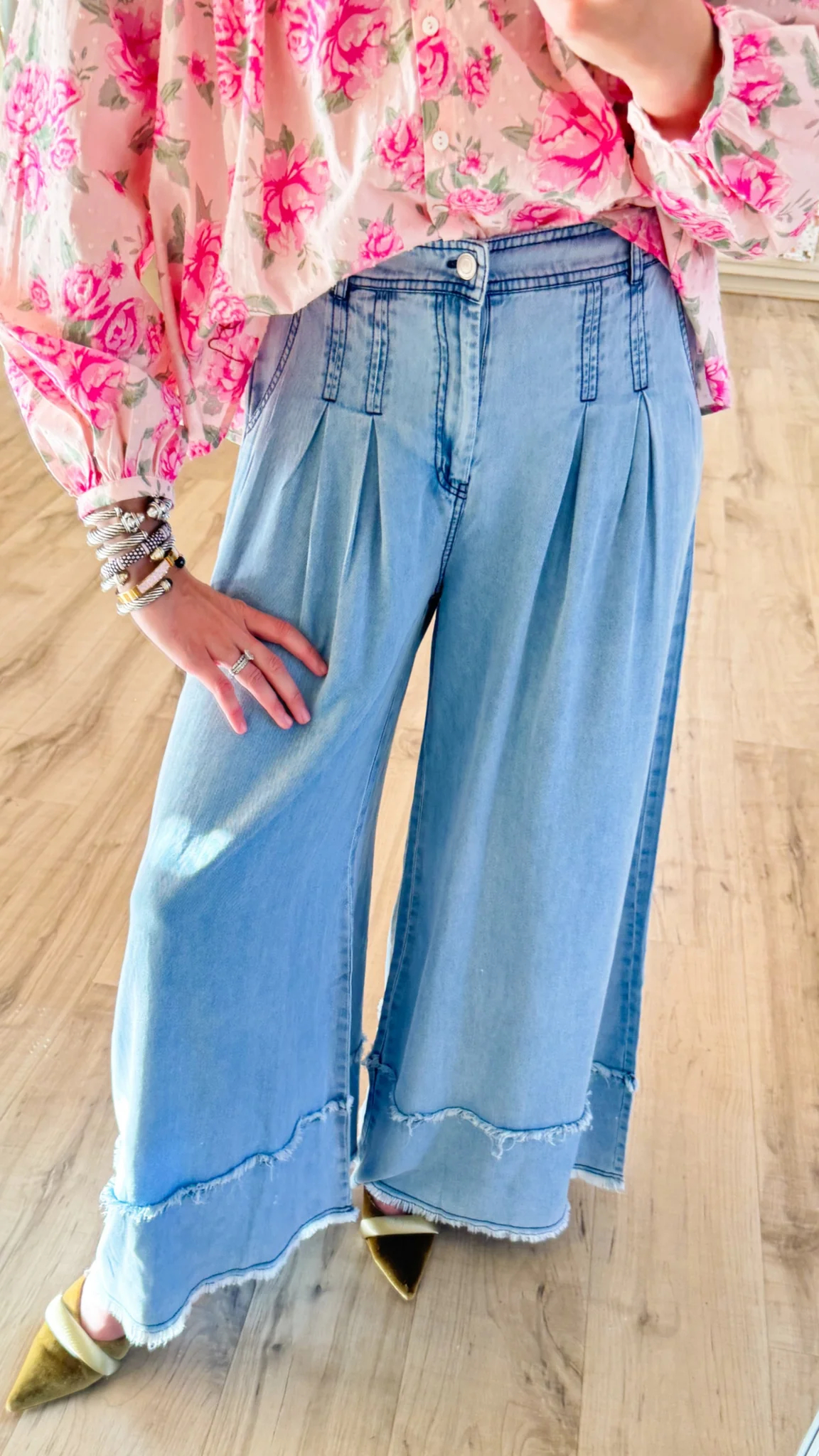 Light Denim Frayed Wide Leg Pants
