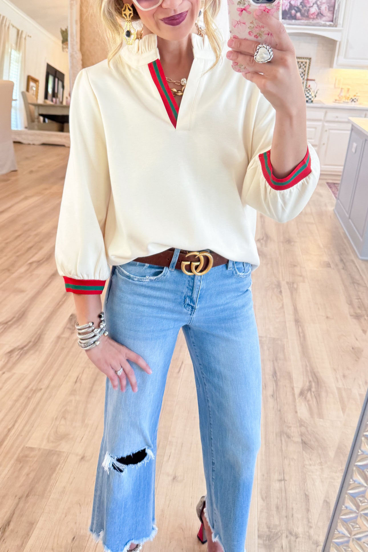 Ivory Stripe Contrast Ruffle Neck Top