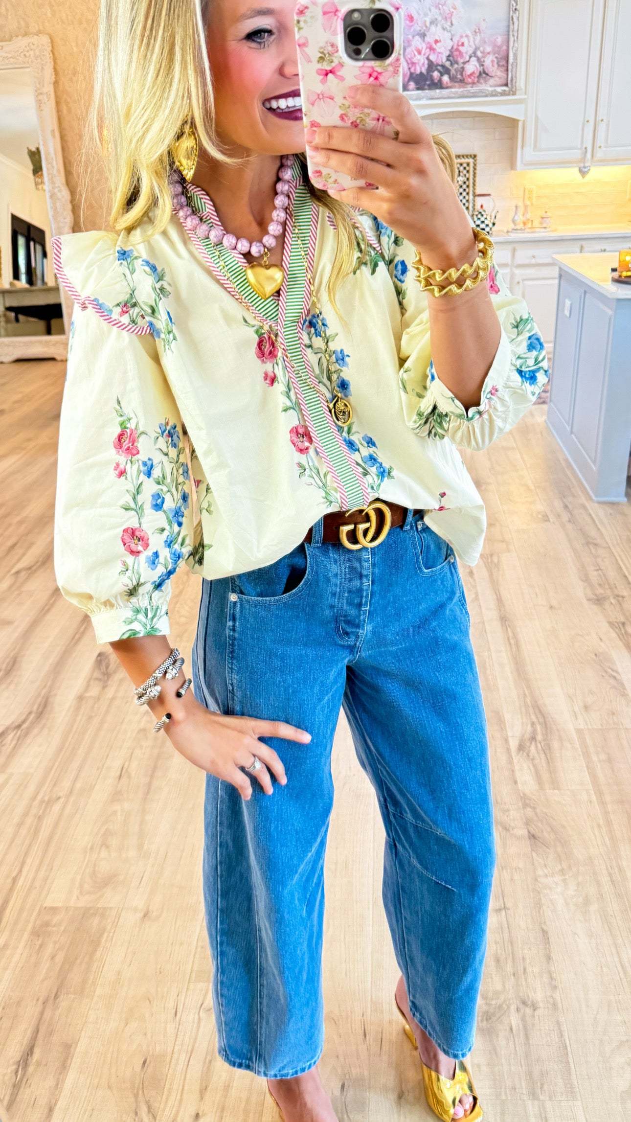 Cream Floral and Stripe Print Top