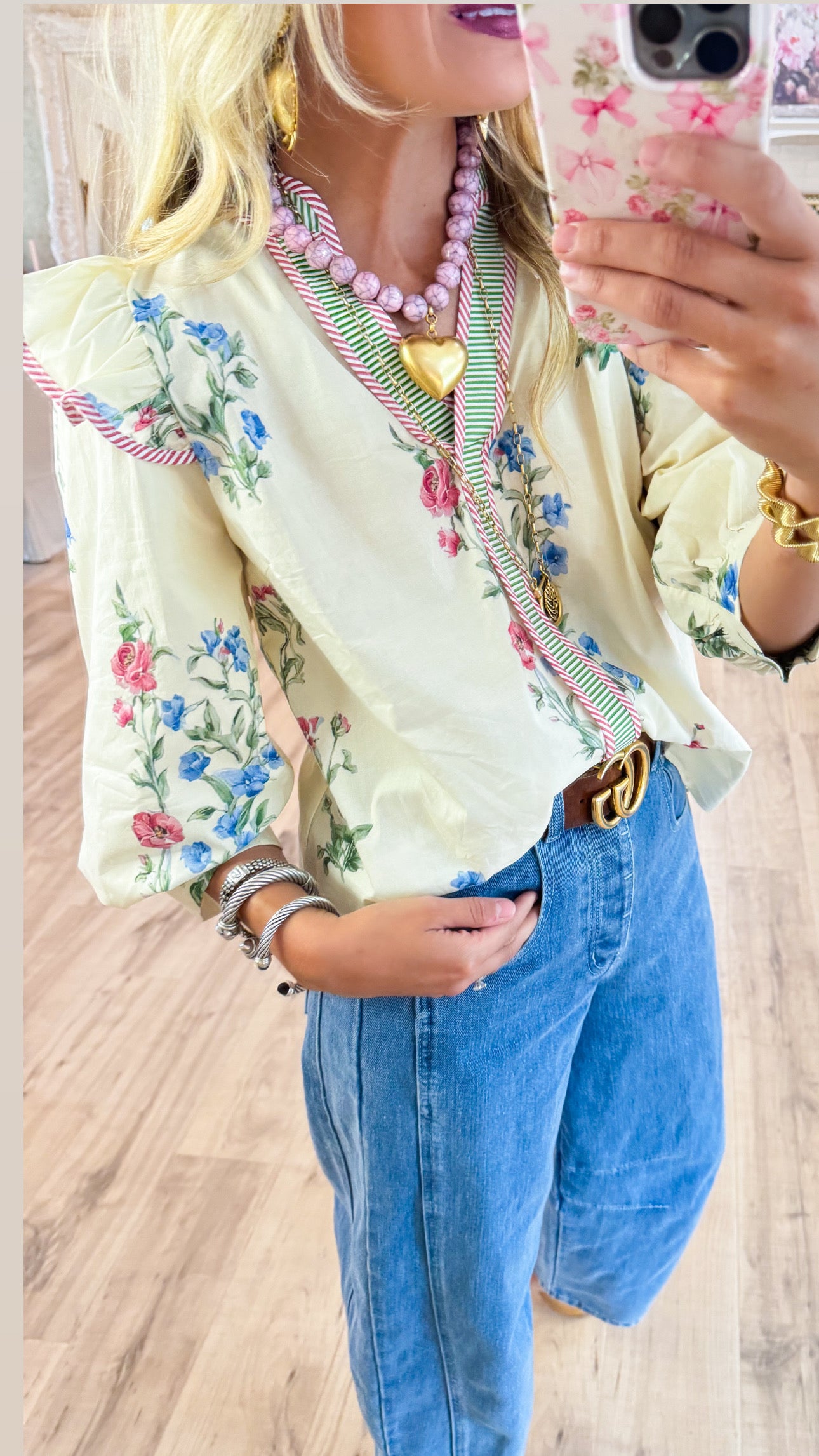 Cream Floral and Stripe Print Top