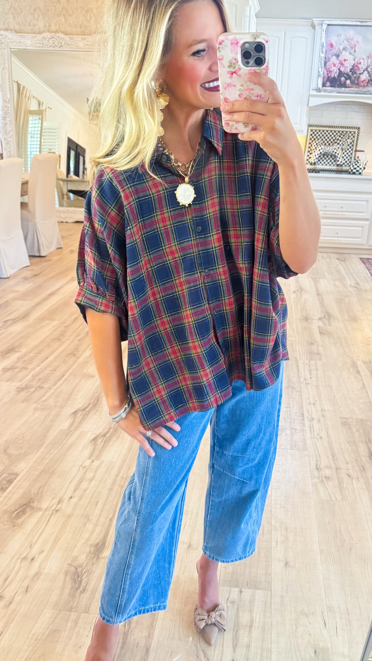 Navy Multi Oversized Button-Down Plaid Shirt