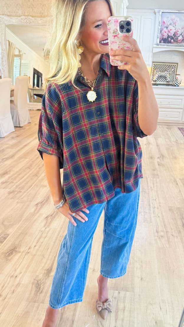 Navy Multi Oversized Button-Down Plaid Shirt