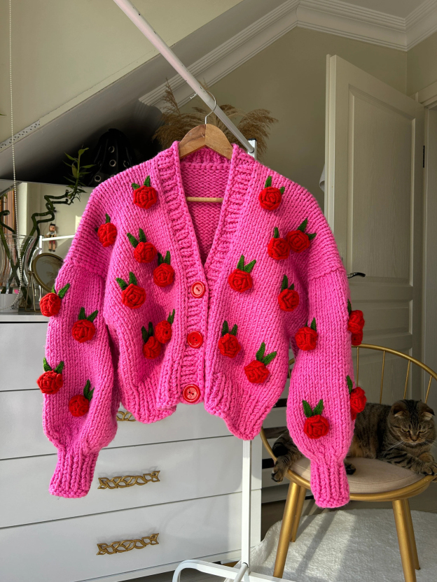 Pink and red rose short cardigan sweater