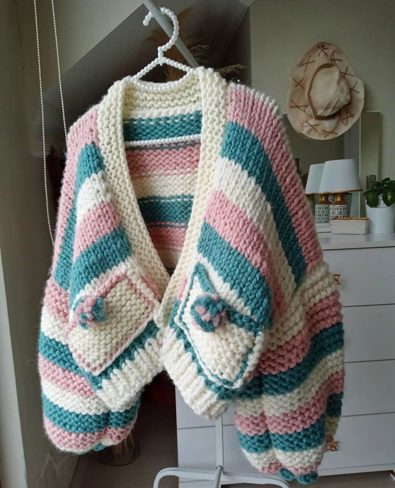 Balloon Sleeve Striped Knit Jacket