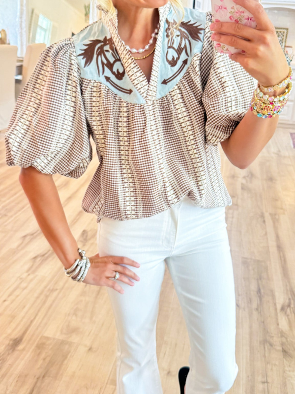 Gingham Horse Embroidered Top