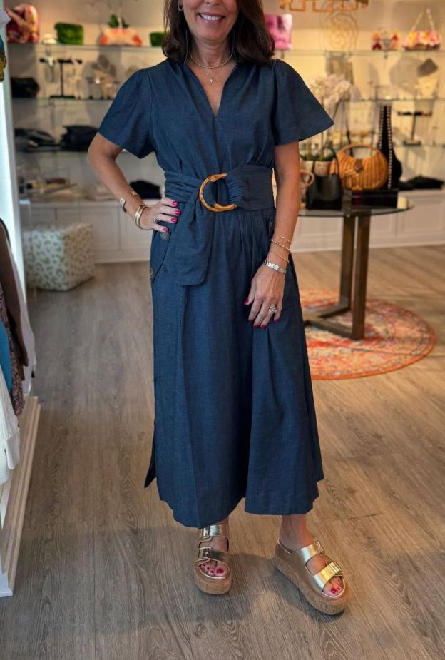 V-Neck Belt Maxi Dress