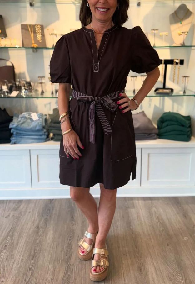 V-Neck Belt Pockets Dress