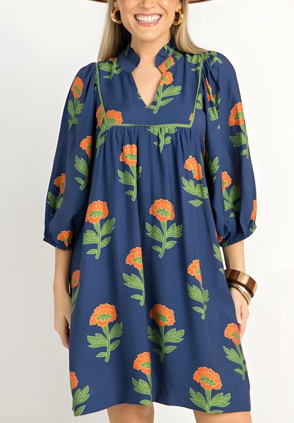 Block Print Floral Dress, Navy