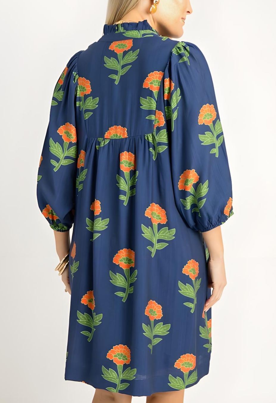Block Print Floral Dress, Navy